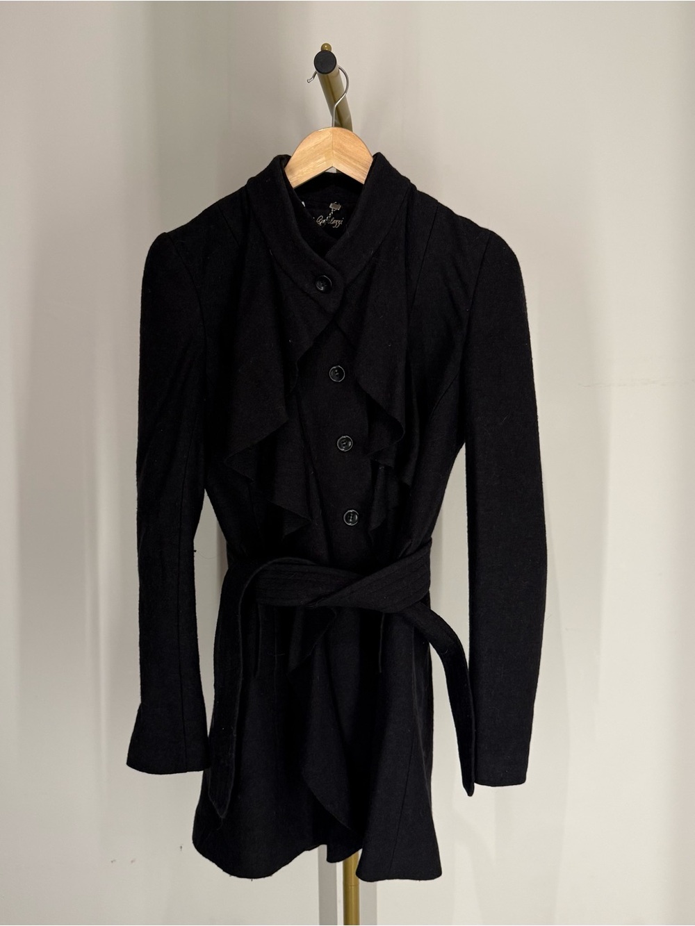 Sandra Angelozzi Black Ruffled Belted Wool Coat 40% Wool Size 30